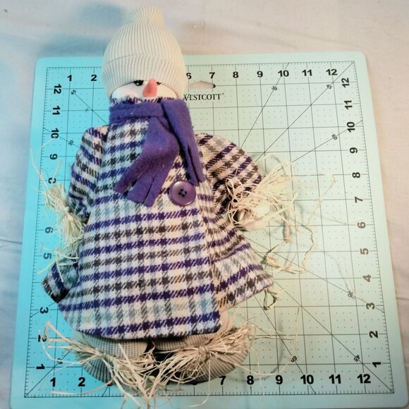 Snowman Doll Purple Plaid Coat Scarf Hat Shelf Sitter Handmade Fabric - Picture 8 of 9